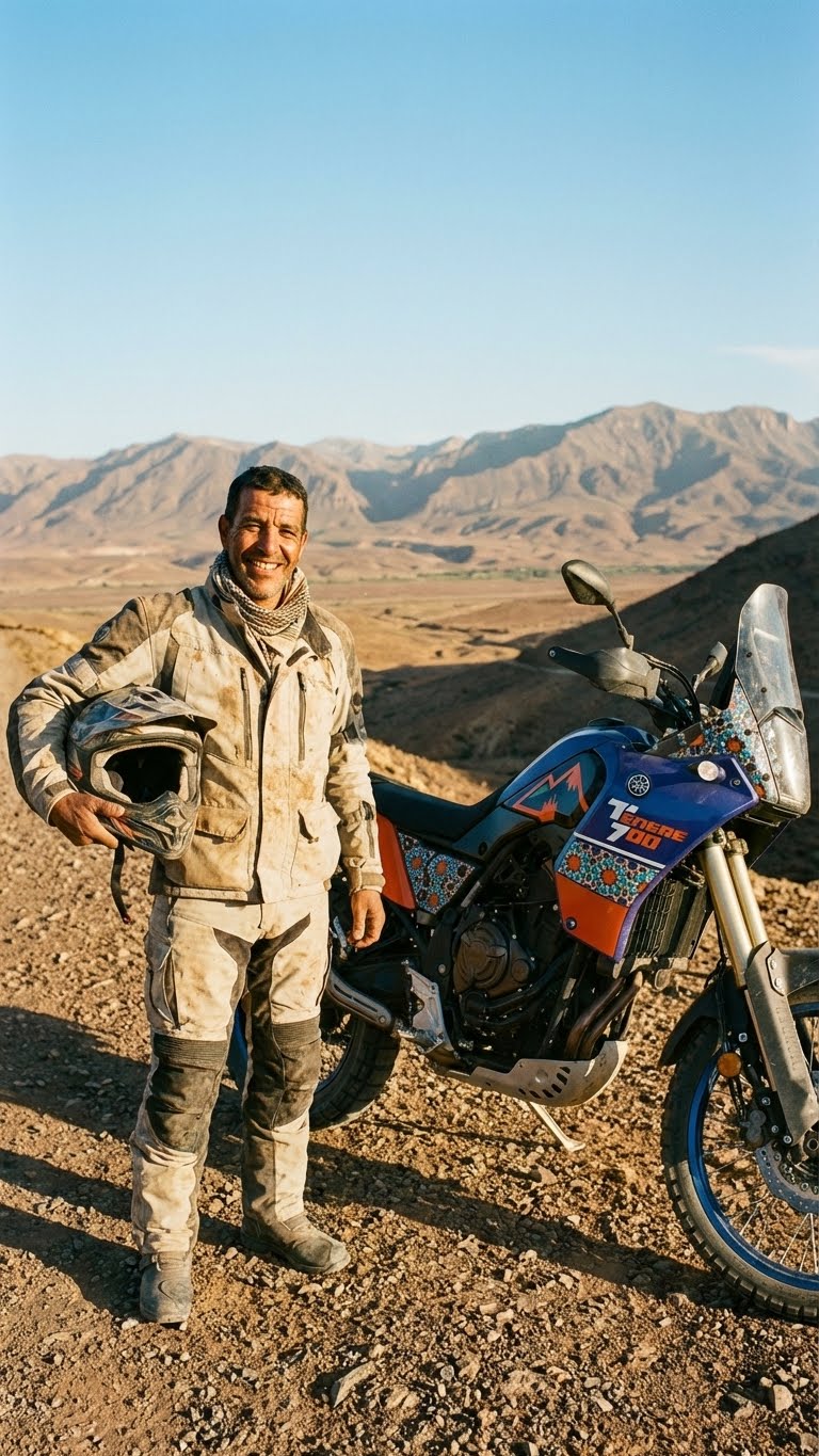 Pilote de moto marocain souriant avec kit déco Ténéré 700 sur mesure